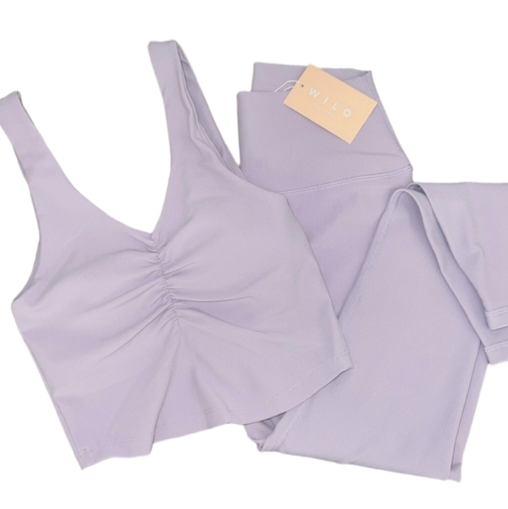 Wilo The Label Ruched Bra and Ribbed Leggings Set Lilac NEW